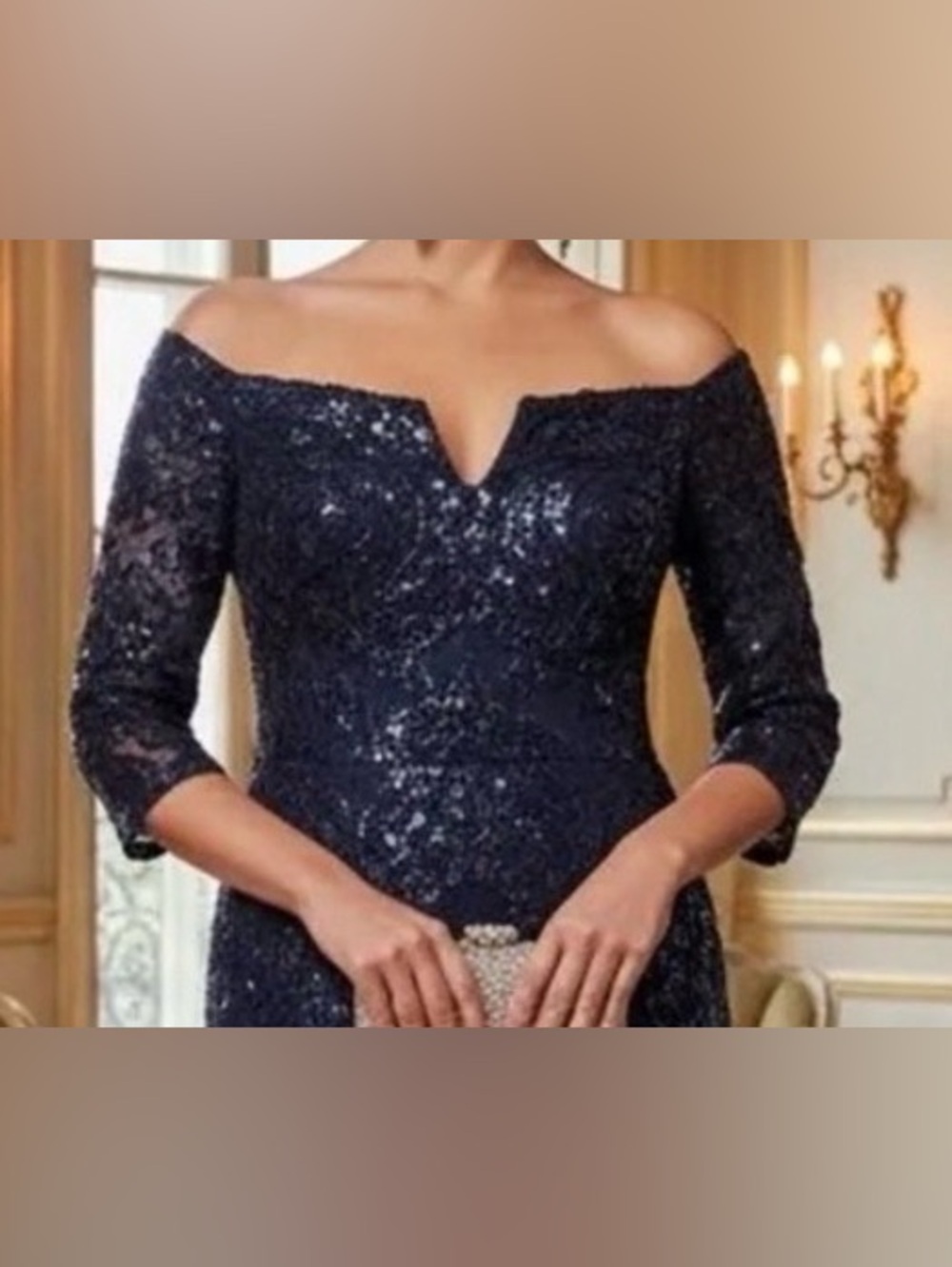 Xscape Off The Shoulder Navy Mermaid Gown. Fits size 14W. Sequin & Soutache. - Picture 5 of 6